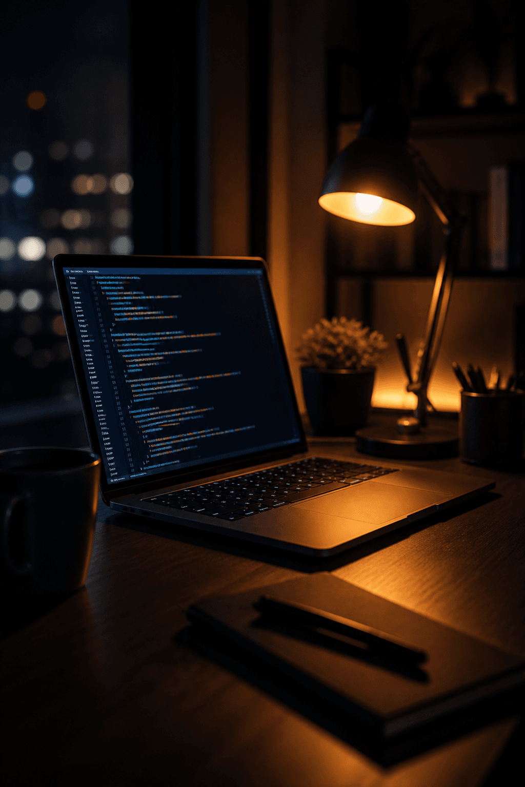 A developer workspace illuminated by a warm desk lamp