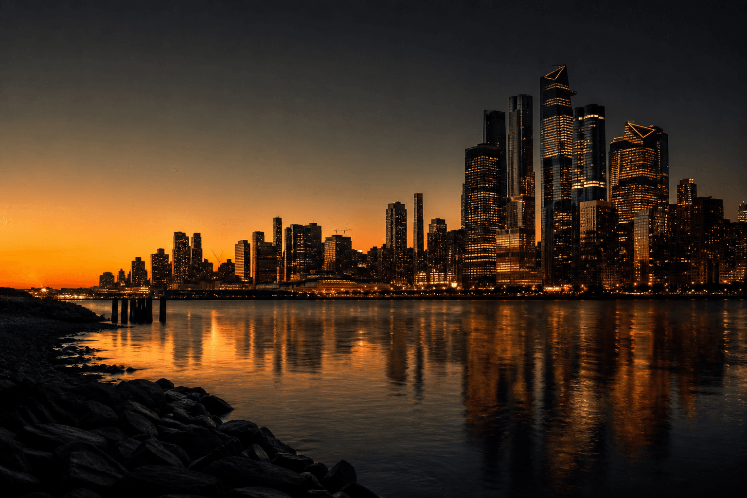 A city skyline illuminated in warm orange light at dusk