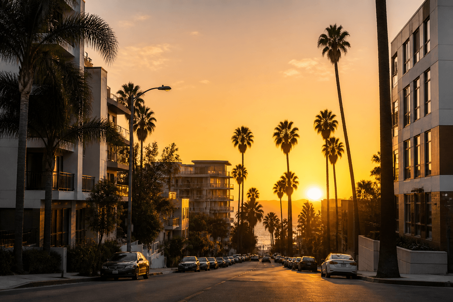 A California city street lined with palms in golden evening light