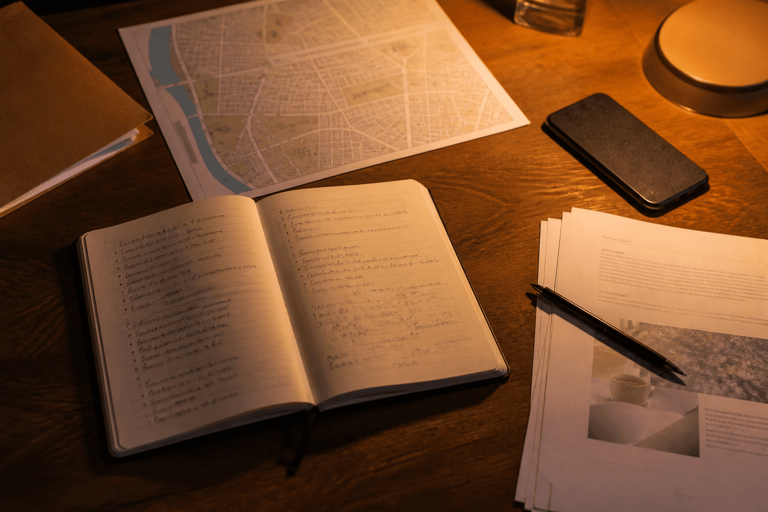 A planning desk with handwritten notes, a printed neighborhood map, and a phone