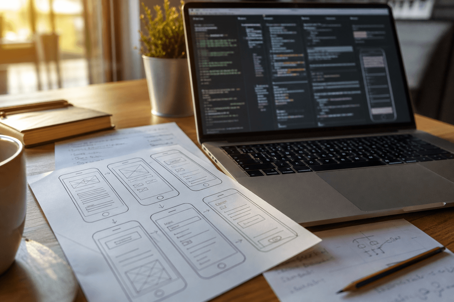 Mobile website wireframes and content notes beside a developer laptop
